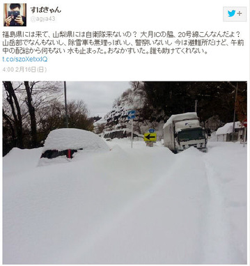 山梨県の雪害被害を伝えるＳＮＳ