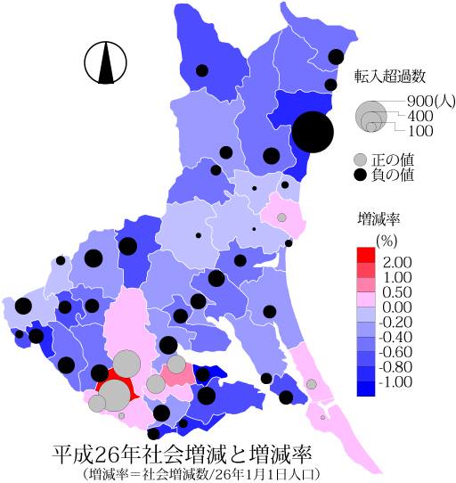 茨城県内自治体の人口社会減、社会増