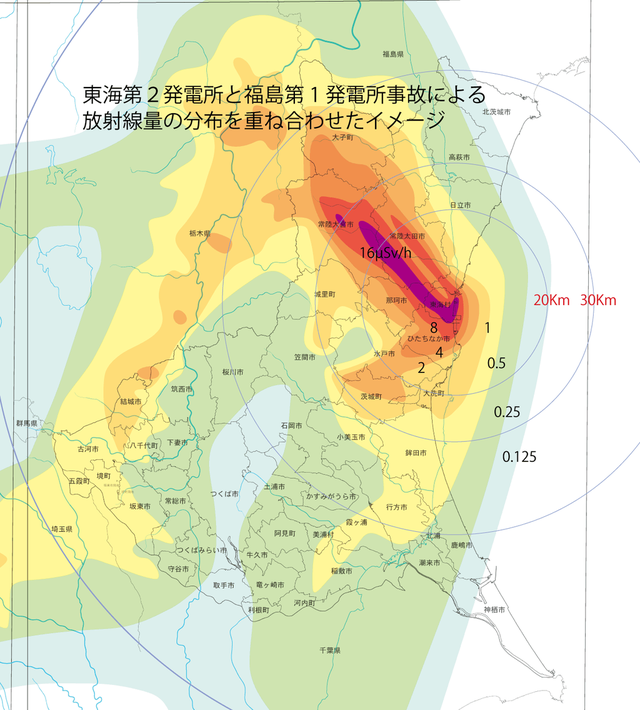 福島第1原発の放射能拡散を東亜医大２原発中心に重ね合わせると